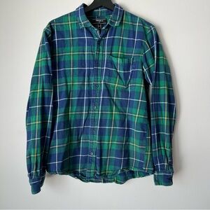 Forever 21 Men Blue Green Plaid Long Sleeve Button Down Shirt